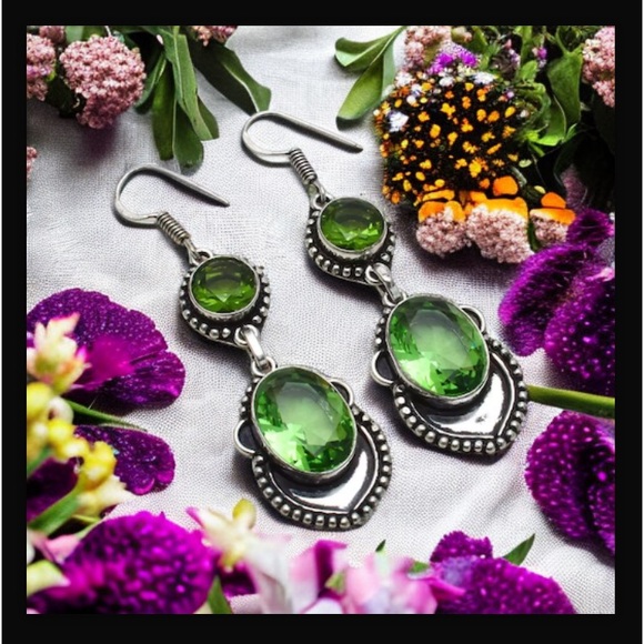 Peridot Handcrafted Drop Dangle Hook Style Earrings 2.4" Long Made In India New - Picture 3 of 16